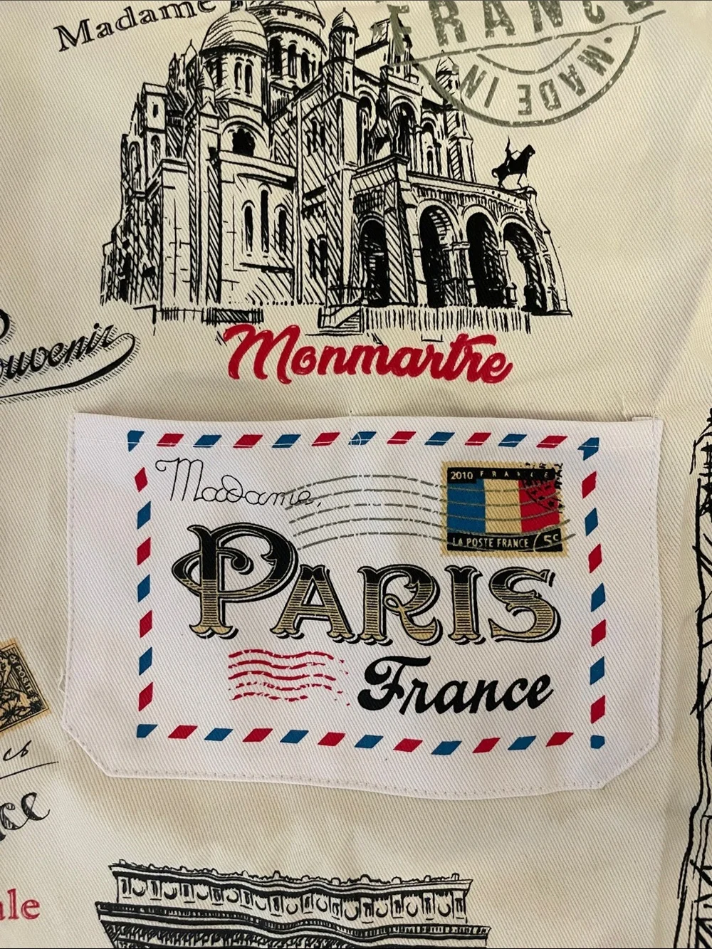 Paris Landmark Kitchen Apron - Cream with Black and Red Accents